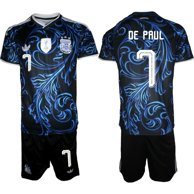 Men's Argentina #7 Rodrigo De Paul Black/Blue 2026 Away Soccer Jersey Suit